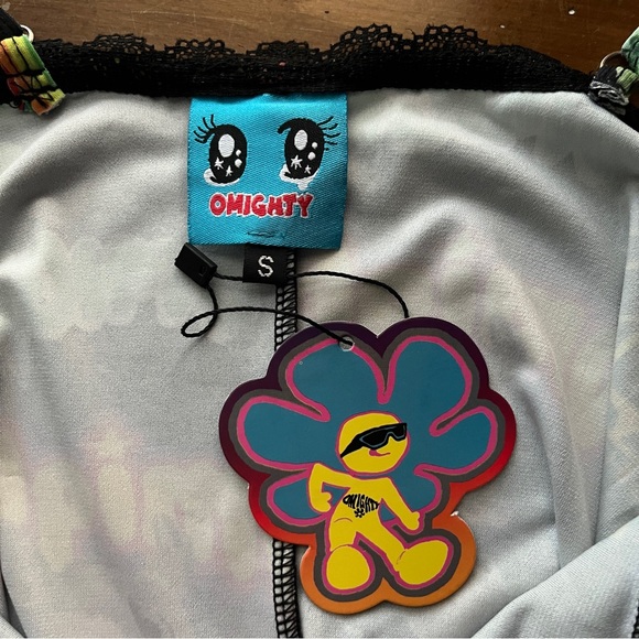 Omighty Logomania Black Mini Dress Size S Stretch Tattoo Sexy Sheer Straps Layer - Picture 14 of 17